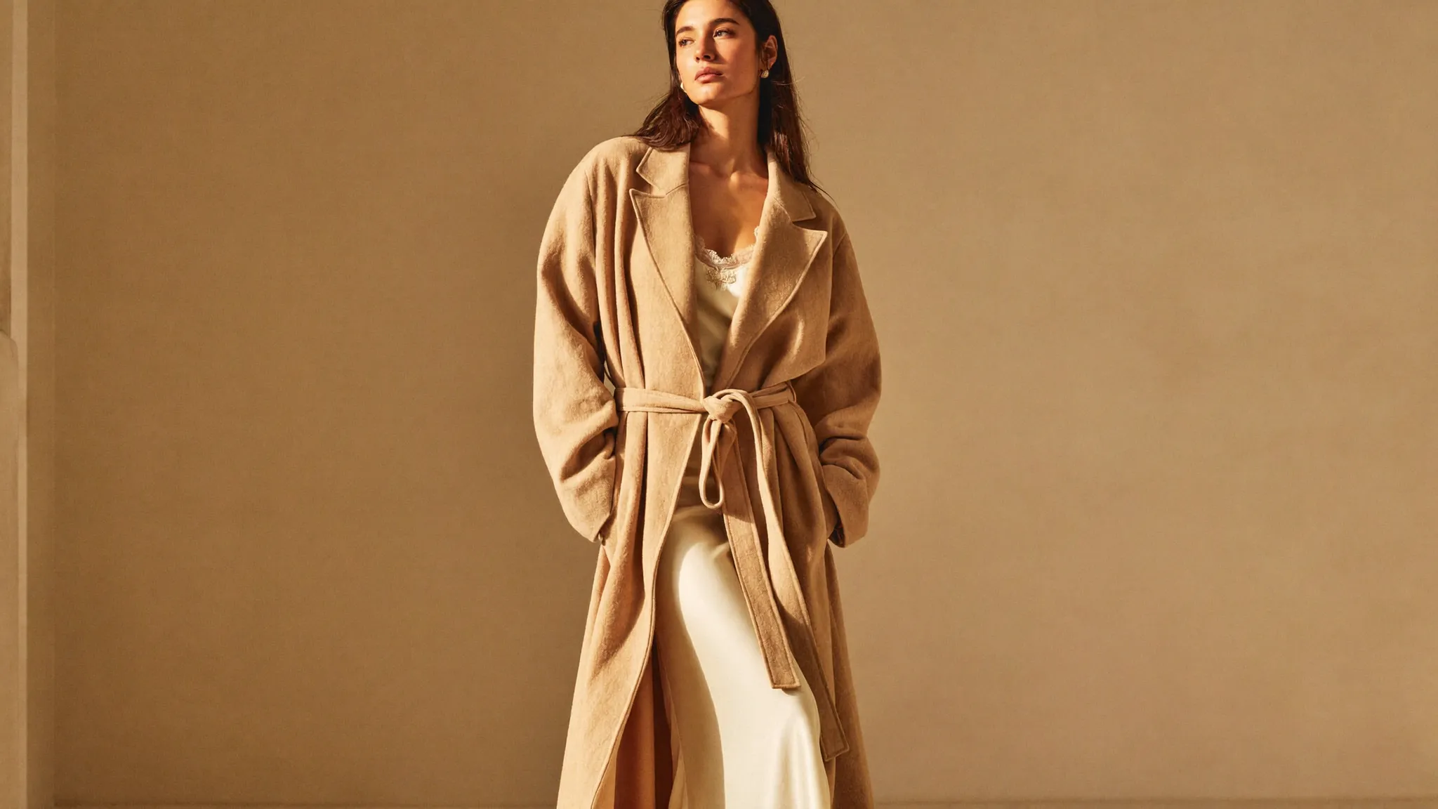 Model in a camel wrap coat over an ivory silk dress, bathed in golden light